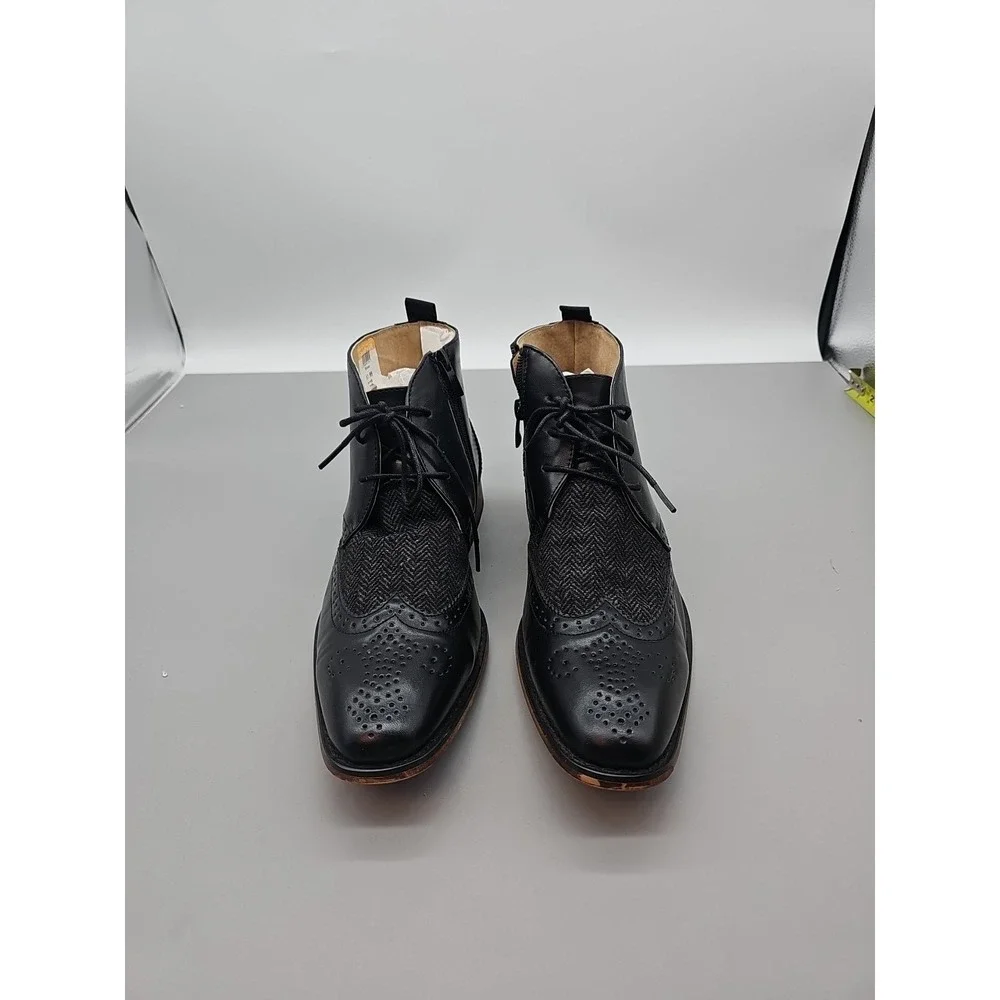 Mens High Top Boot Gino Vitale Leather Wingtip Zip Herringbone Tweed Black Sz 8.